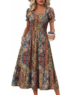 Zeagoo Women's Multi Floral Flowy Casual Short Sleeve Tiered Midi Maxi Dress